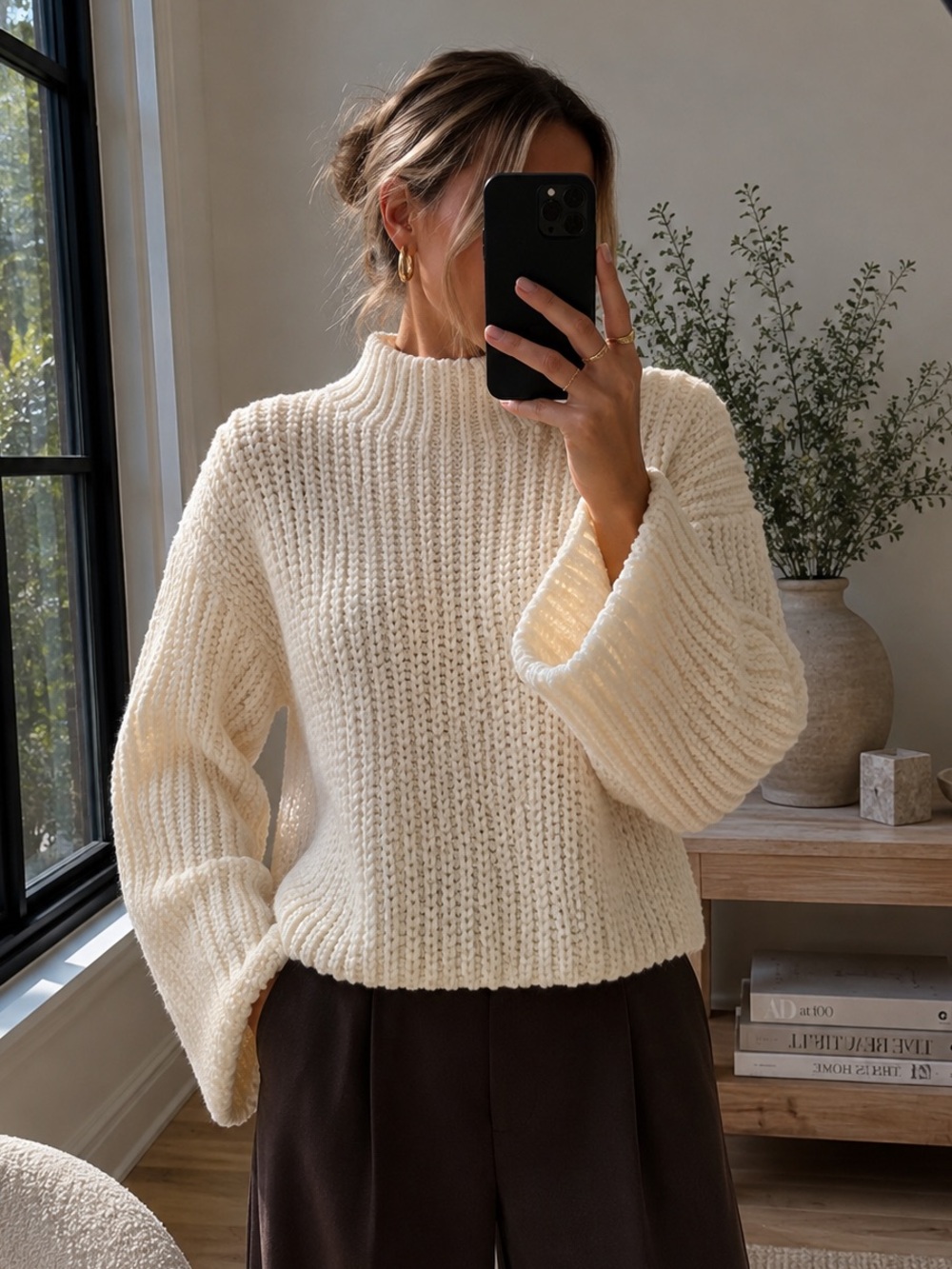 Zara Ivory Wool Blend Chunky Knit Mock Neck Sweater M